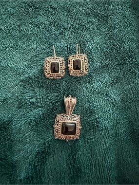 Sterling Silver Black Onyx Square Pendant and Earrings Set